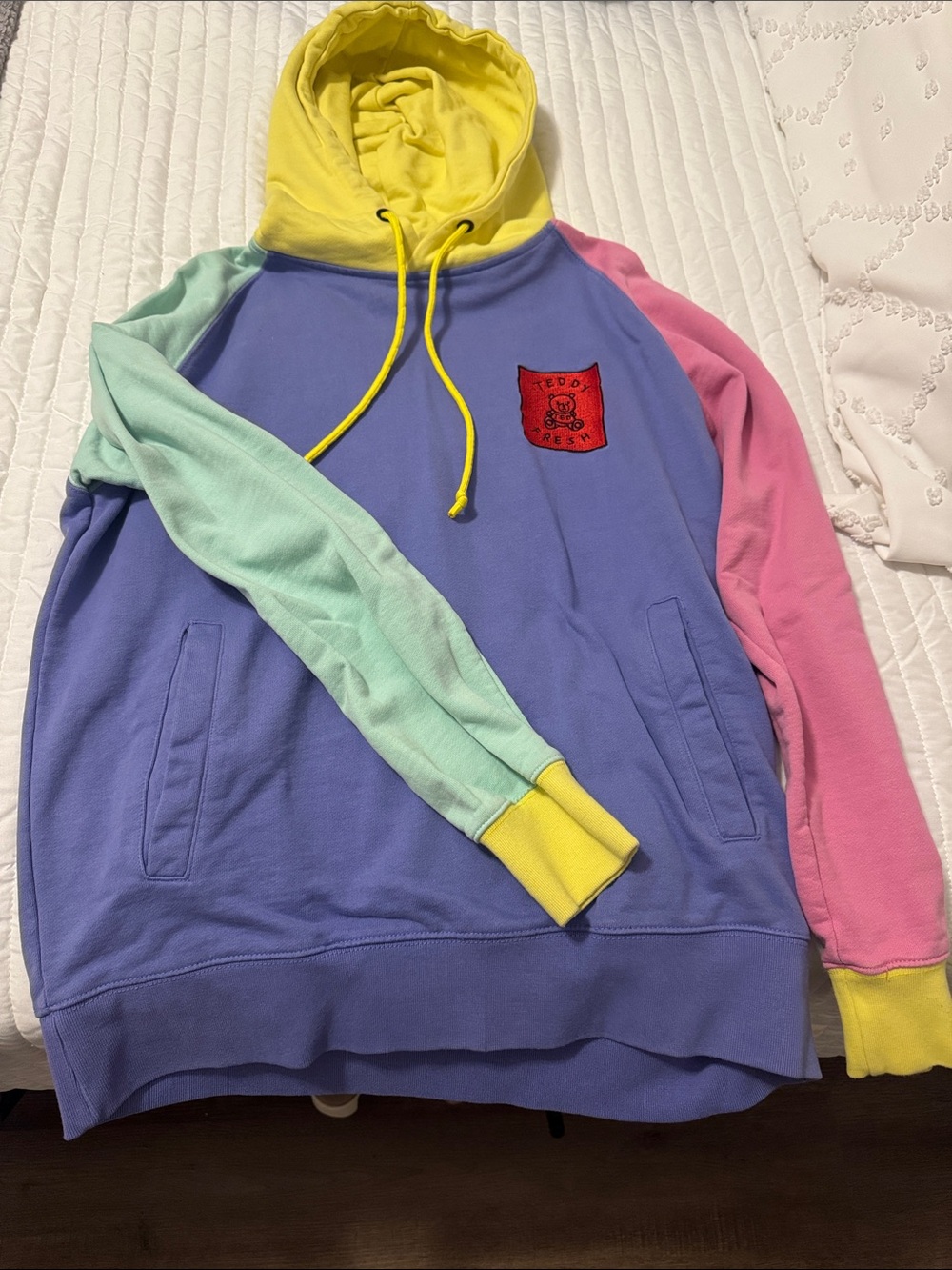 Teddy Fresh Lavender Colorblock Hoodie with Yellow Hood, Mint & Pink Sleeves
